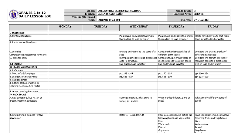 DLL Science-4 Q2 W6: Daily Lesson Log for Grades 1-12 - Studocu
