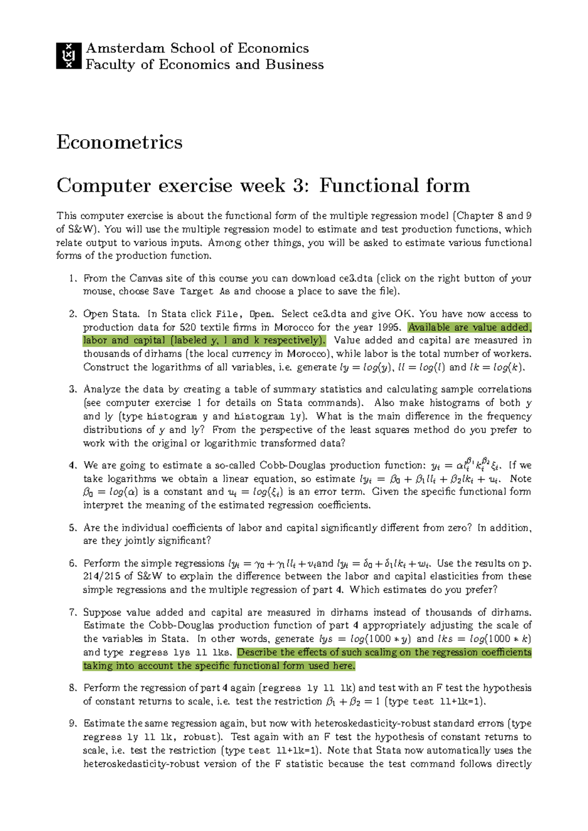 CE3 - Econometrics Computer Exercise 3: Functional Form Analysis ...