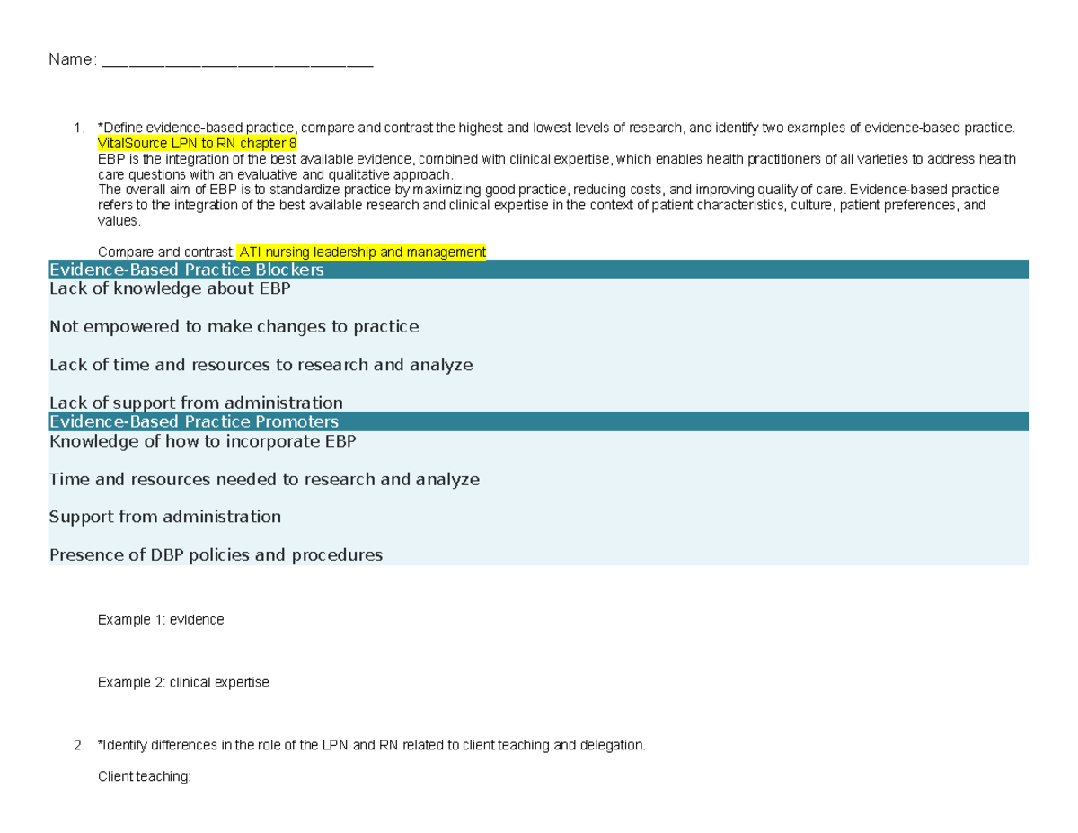 Unit I EBP & Delegation Practices Worksheet - LPN to RN Course - Studocu