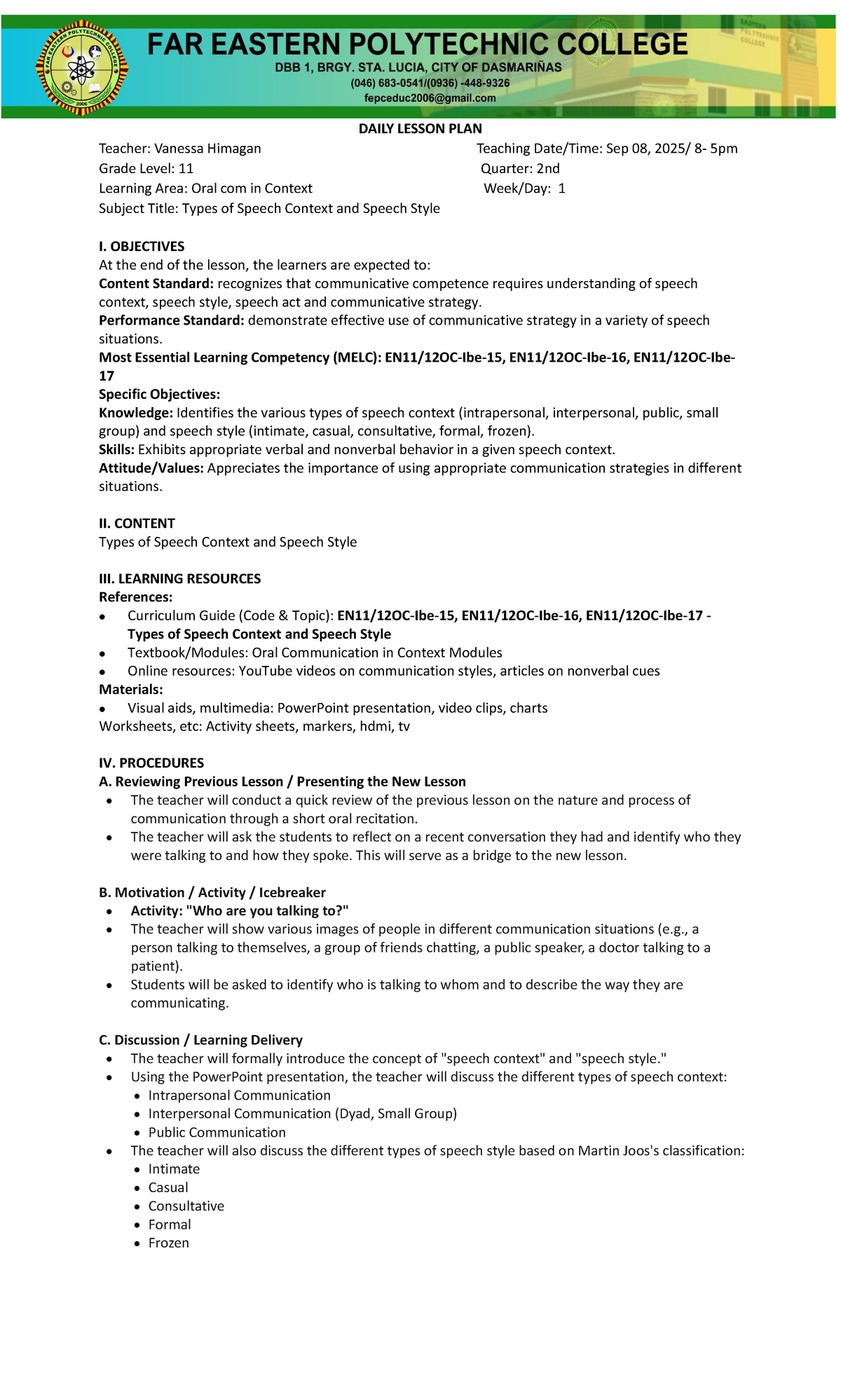 LP1. OC Q2 - Daily Lesson Plan on Types of Speech Context & Style - Studocu