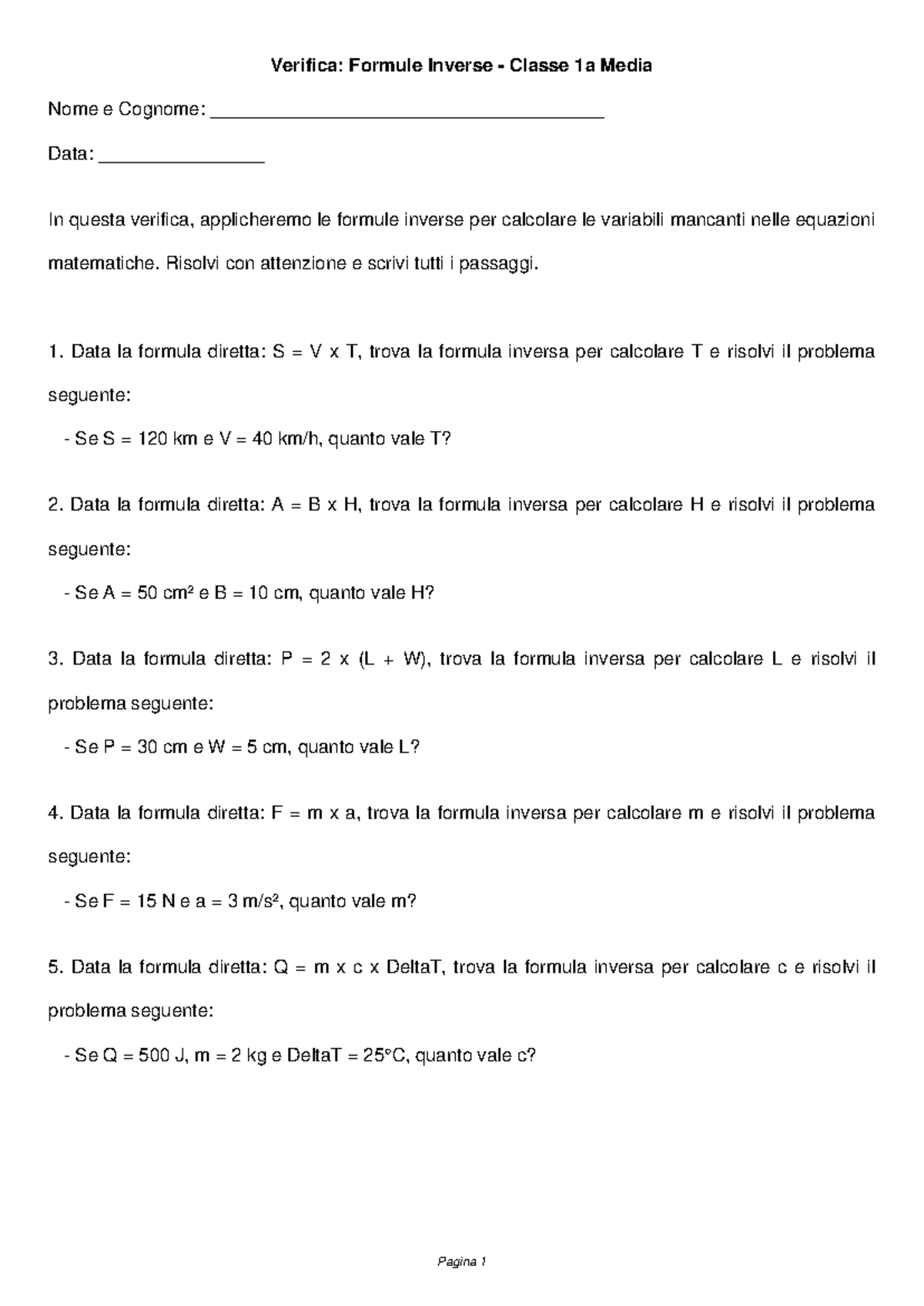 Verifica Formule Inverse 1a Media - Verifica: Formule Inverse - Classe ...
