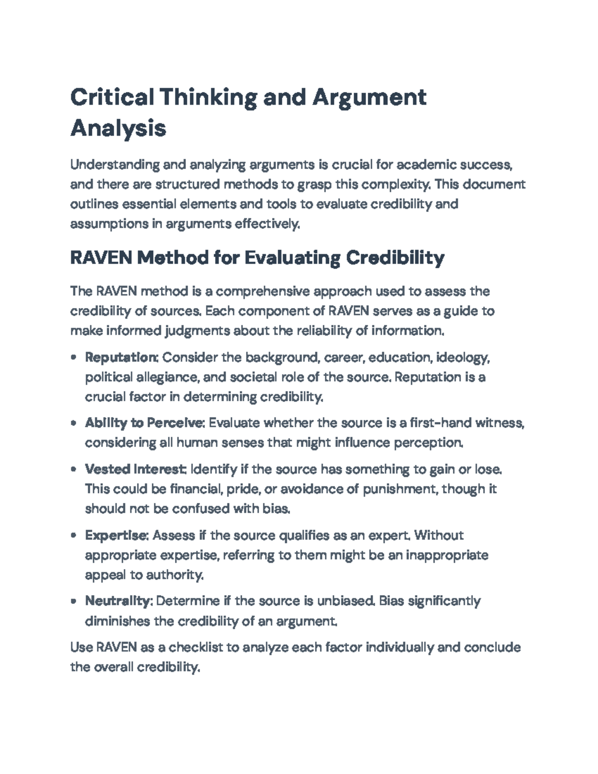 Critical Thinking & Argument Analysis: RAVEN Method & Assumptions - Studocu
