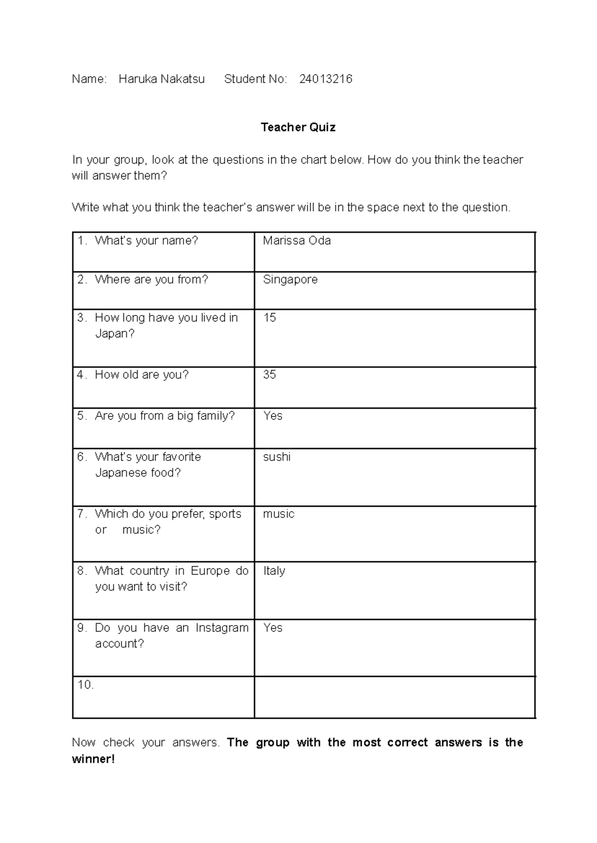 Teacher Quiz - Group Homework Activity - Studocu