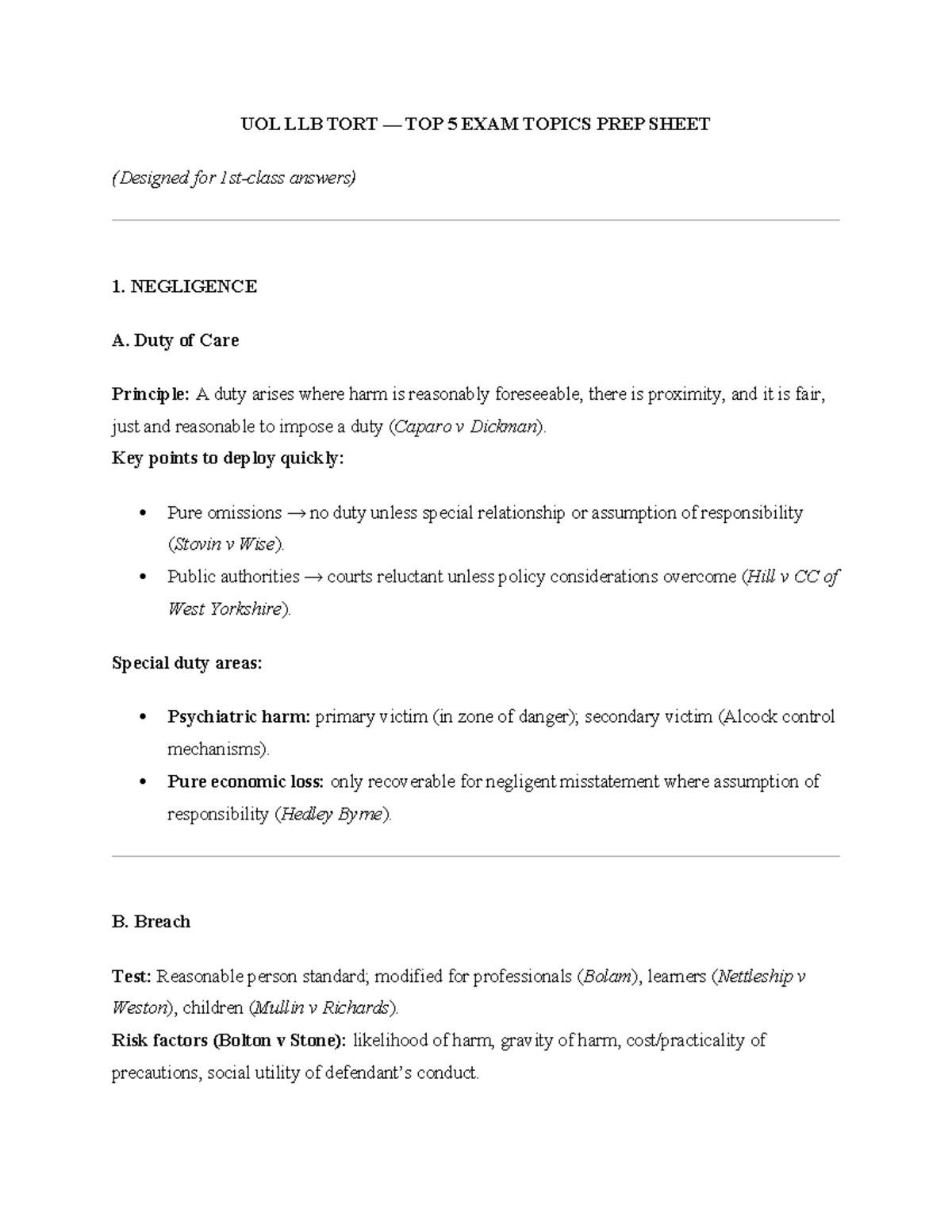 UOL LLB TORT FINAL EXAM TOP 5 TOPICS PREP SHEET - Studocu