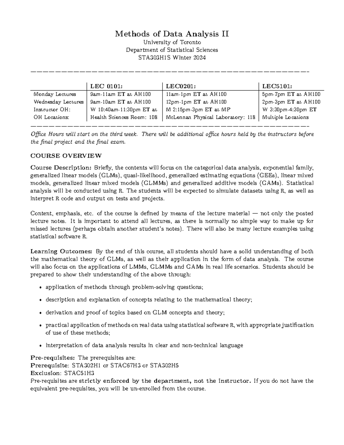 Syllabus for STA303H1S: Methods of Data Analysis II - Winter 2024 - Studocu