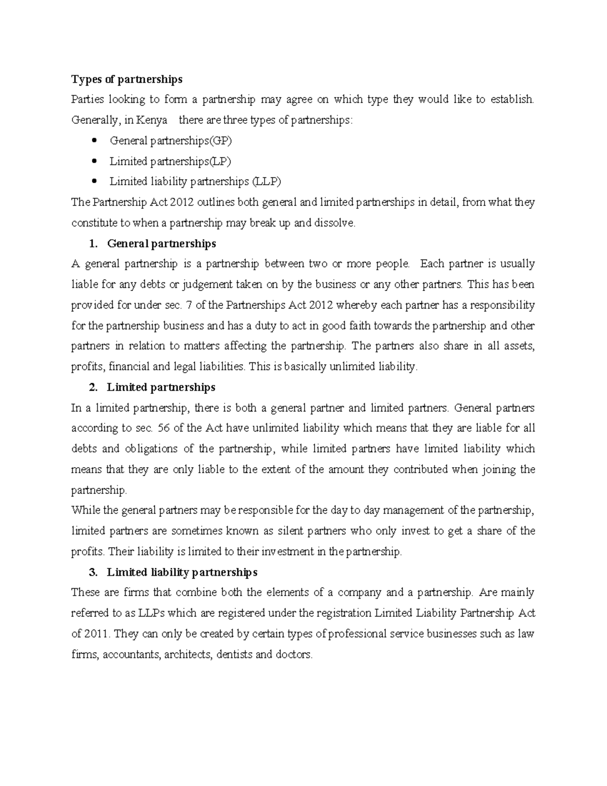 Types of Partnerships in Kenya: GP, LP, and LLP Explained - Studocu