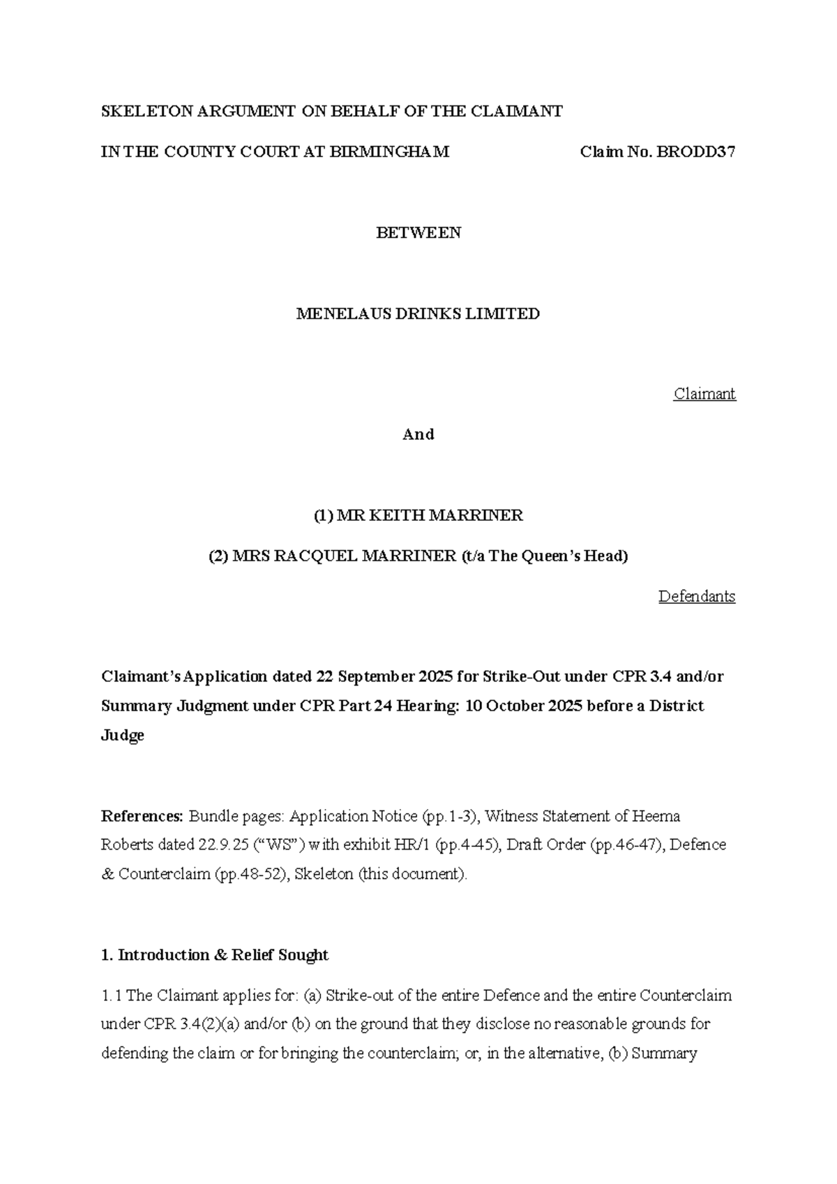W6 Skeleton Argument for Strike Out Application in Claim No. BRODD37 ...