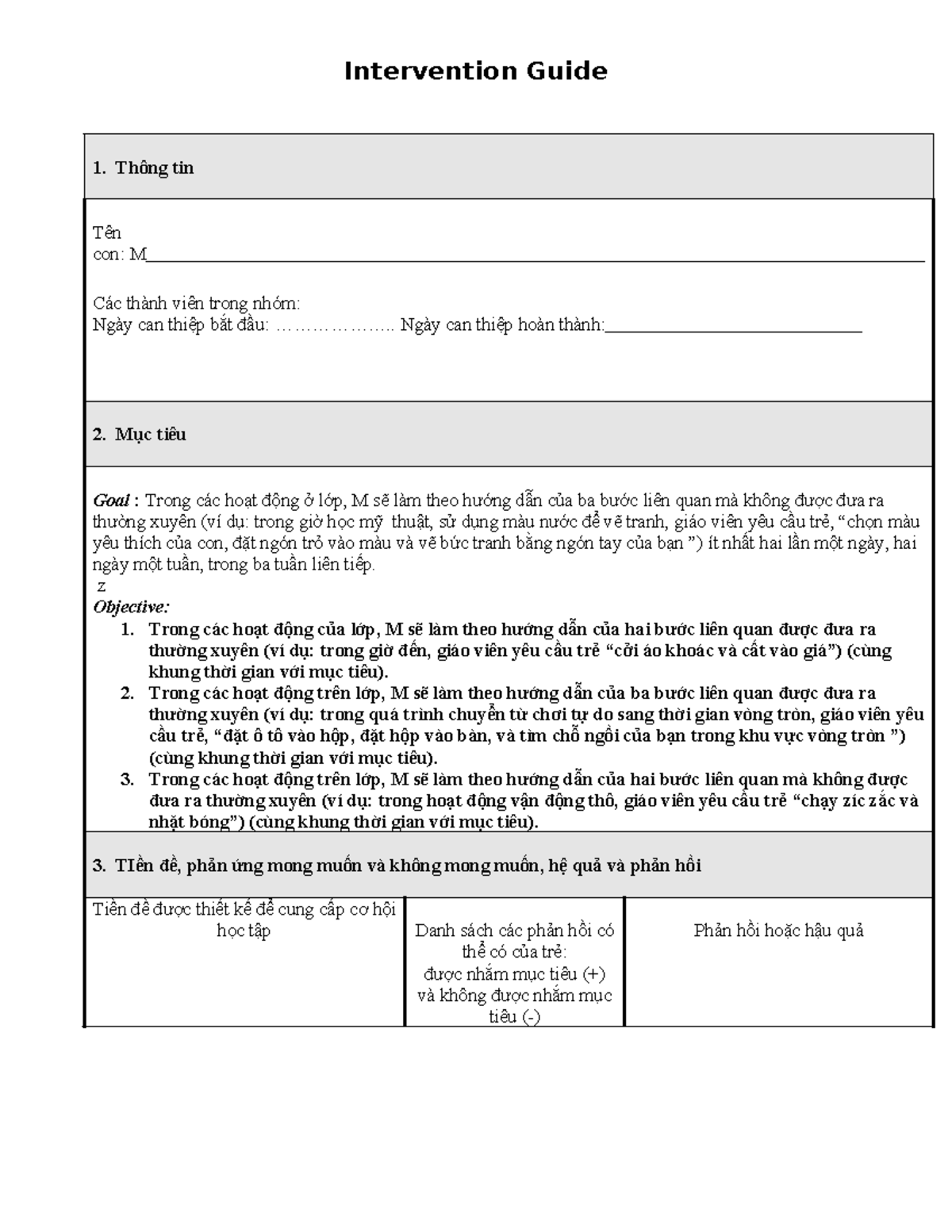 3. Intervention Guide 1doc - Intervention Guide 1. Thông tin Tên con: M ...