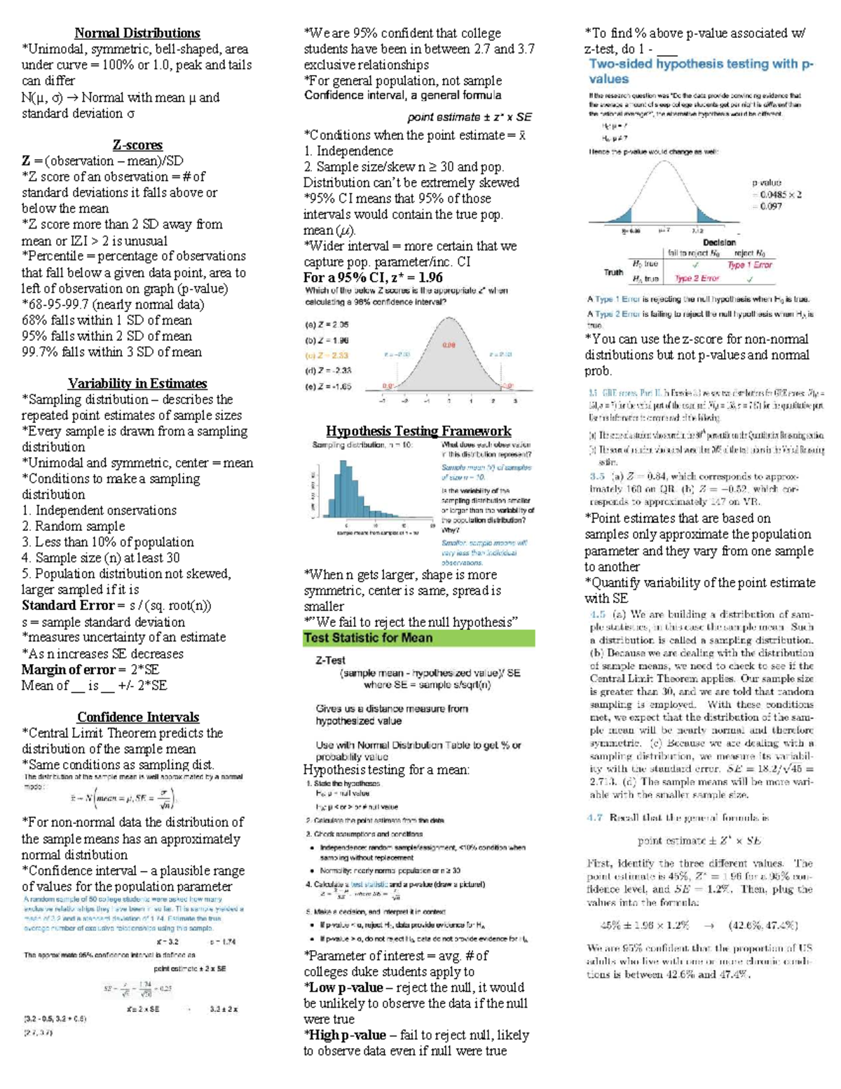 Stats Exam Review Sheet: Normal Distributions & Hypothesis Testing ...
