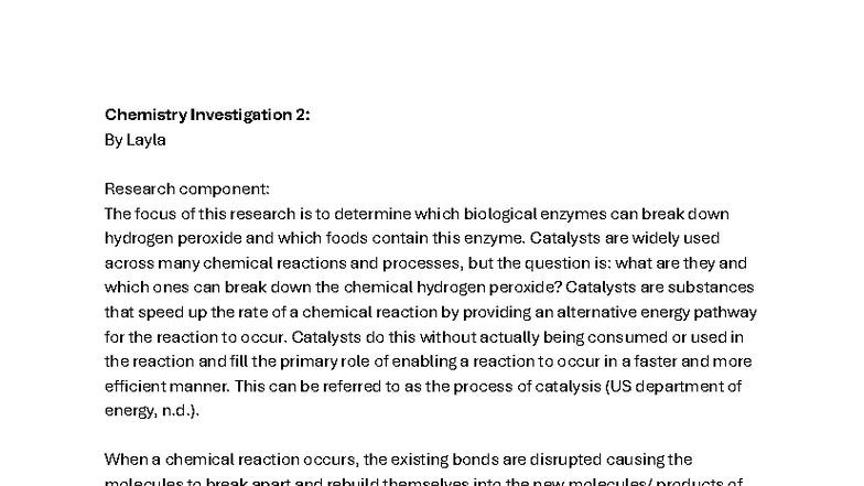 Chemistry Investigation 2: Enzyme Catalysis of Hydrogen Peroxide - Studocu