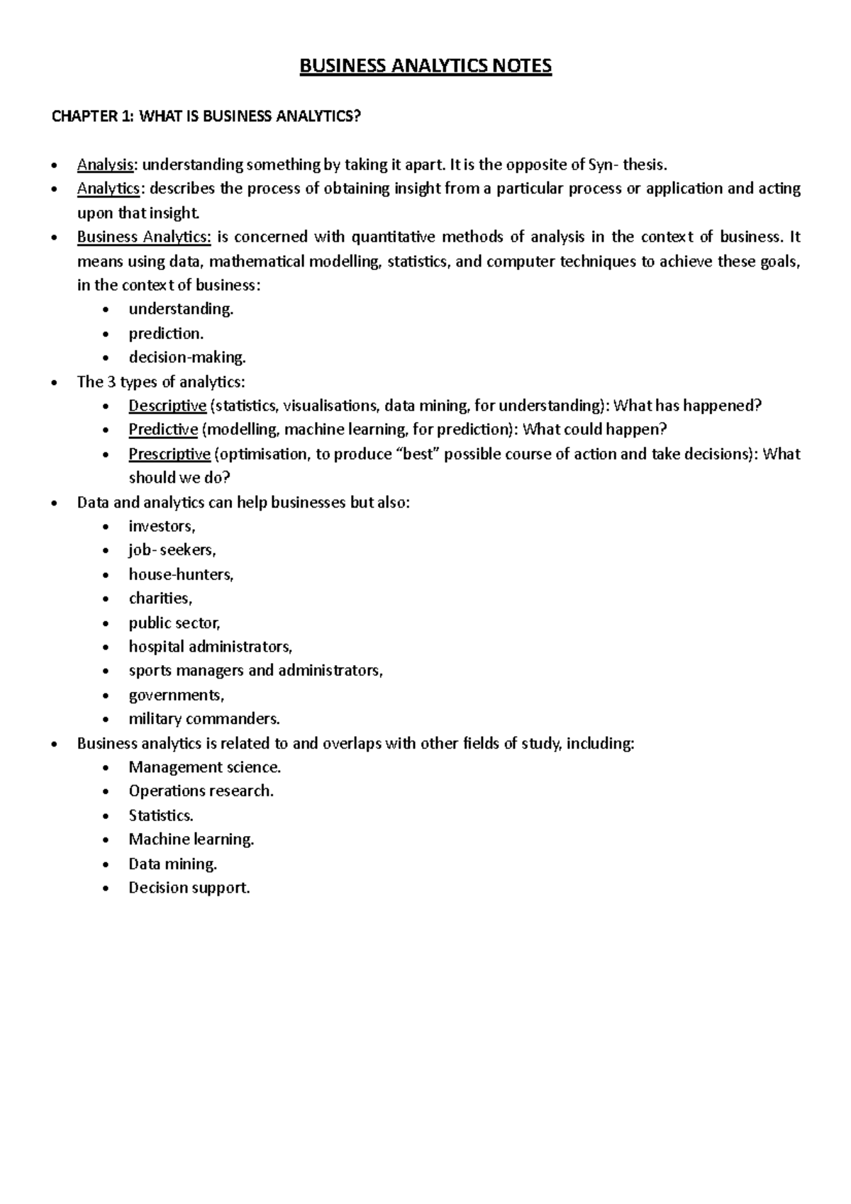 BUSINESS ANALYTICS NOTES CHAPTERS 1-12 OVERVIEW - Studocu
