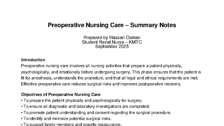 Preoperative Nursing Care Summary - Hassan Osman KMTC - Studocu