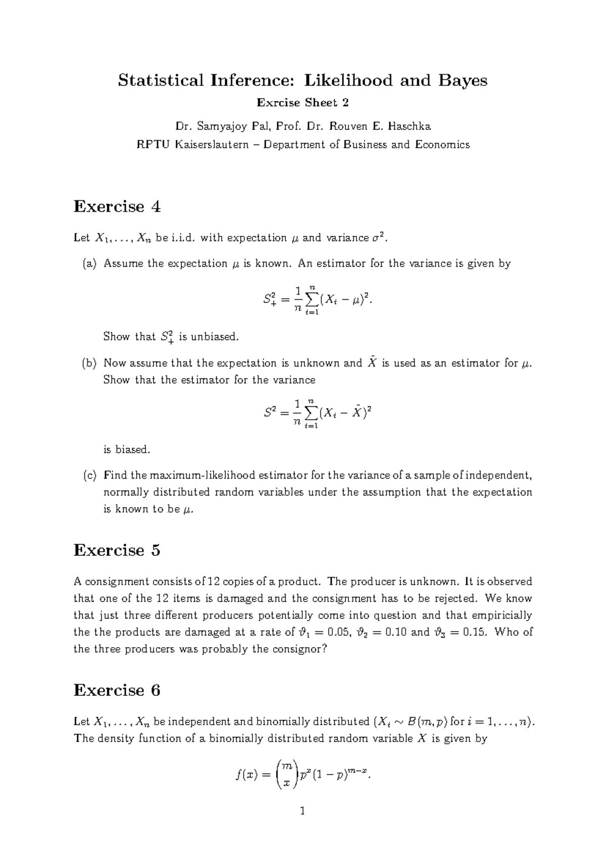 Statistical Inference: Likelihood & Bayes Exercise Sheet 2 - Studocu