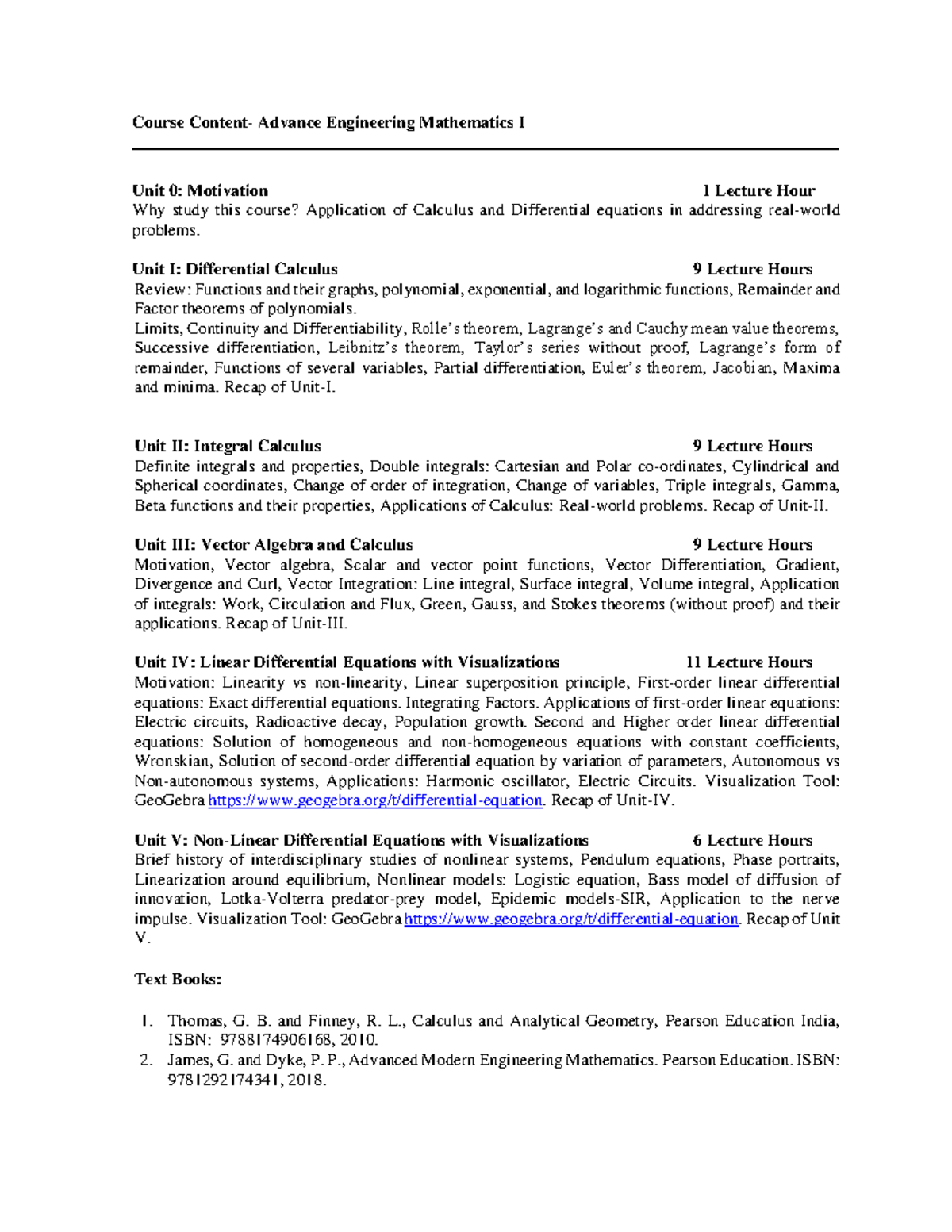 AEM-I Course Content: Advance Engineering Mathematics I Overview - Studocu