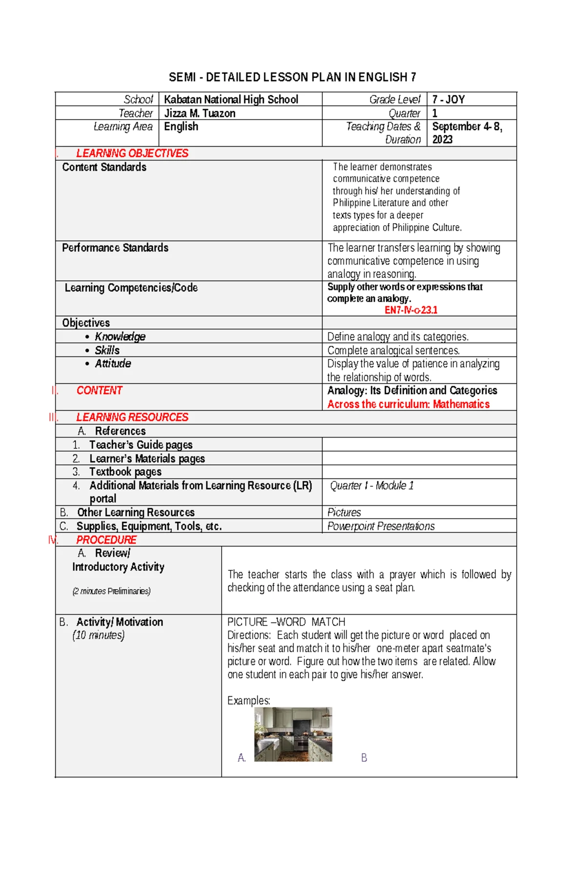 Detailed Lesson Plan: English 7 - Quarter 1, Module 3 on Active ...