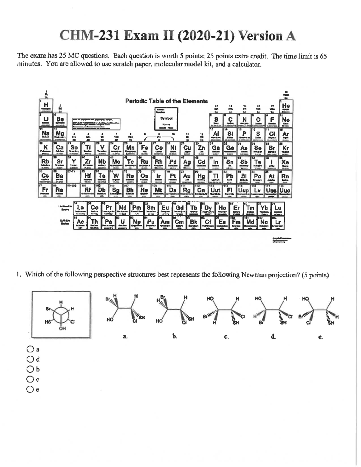 Chemistry 231 Exam II - Practice Test (Version A) - Studocu