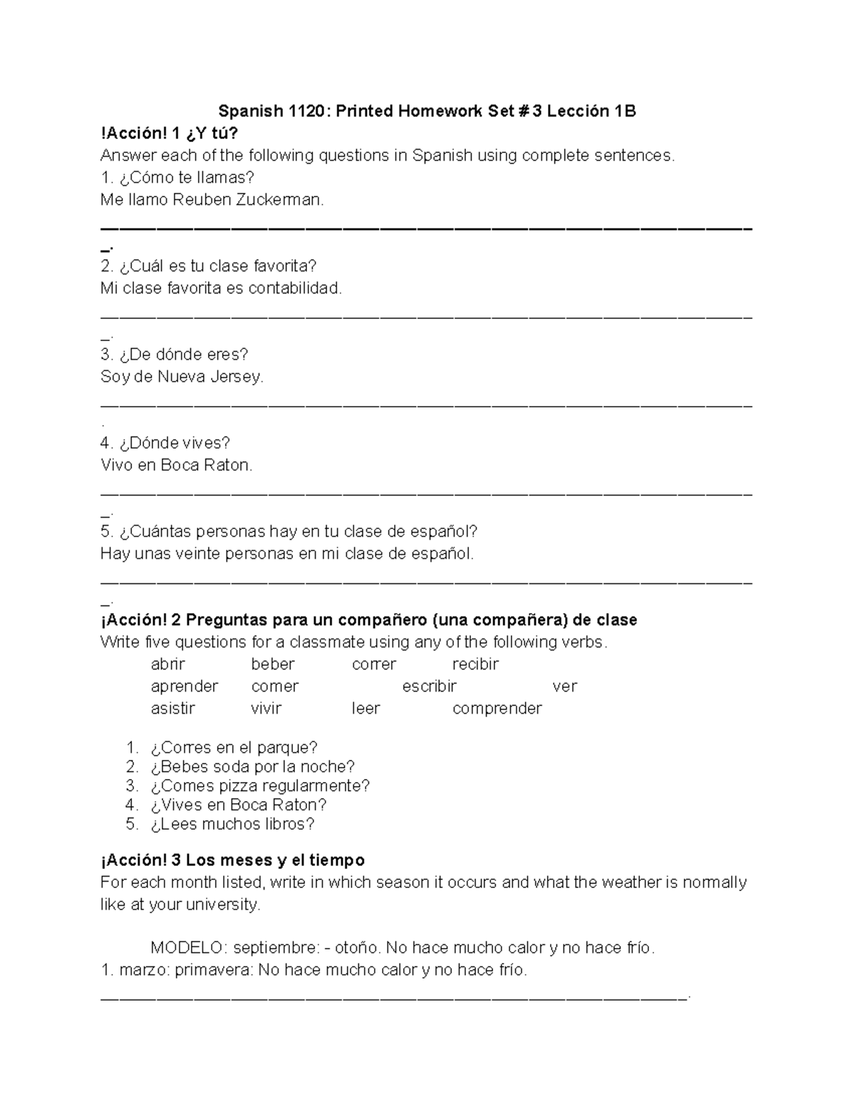 Extended writing 3 - Spanish 1120: Printed Homework Set # 3 Lección 1B ...