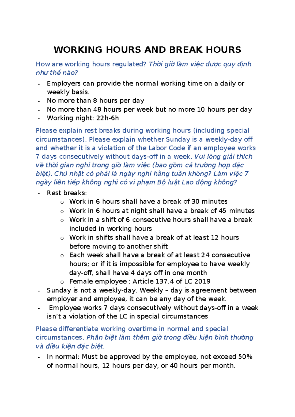 Regulations on Working Hours and Breaks: Labor Code Insights - Studocu