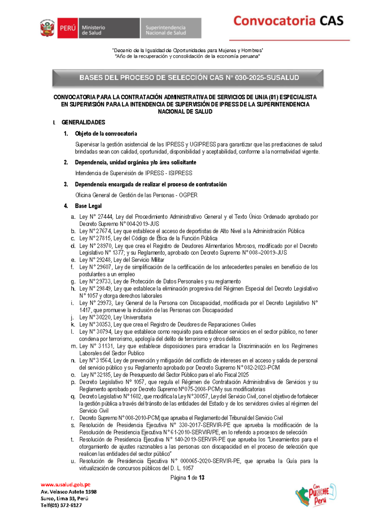 Bases del Proceso de Selección CAS 030-2025 para Especialista en ...