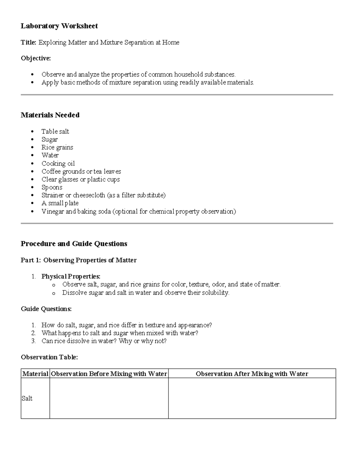 Laboratory Worksheet - Laboratory Worksheet Title: Exploring Matter and ...