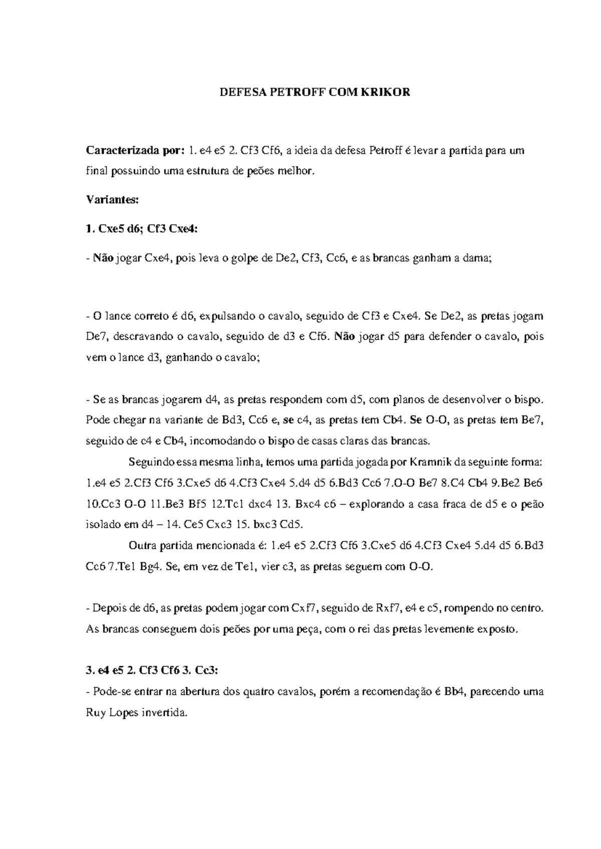 Defesa Petroff: Estruturas e Variantes em 1.e4 e5 - Análise - Studocu