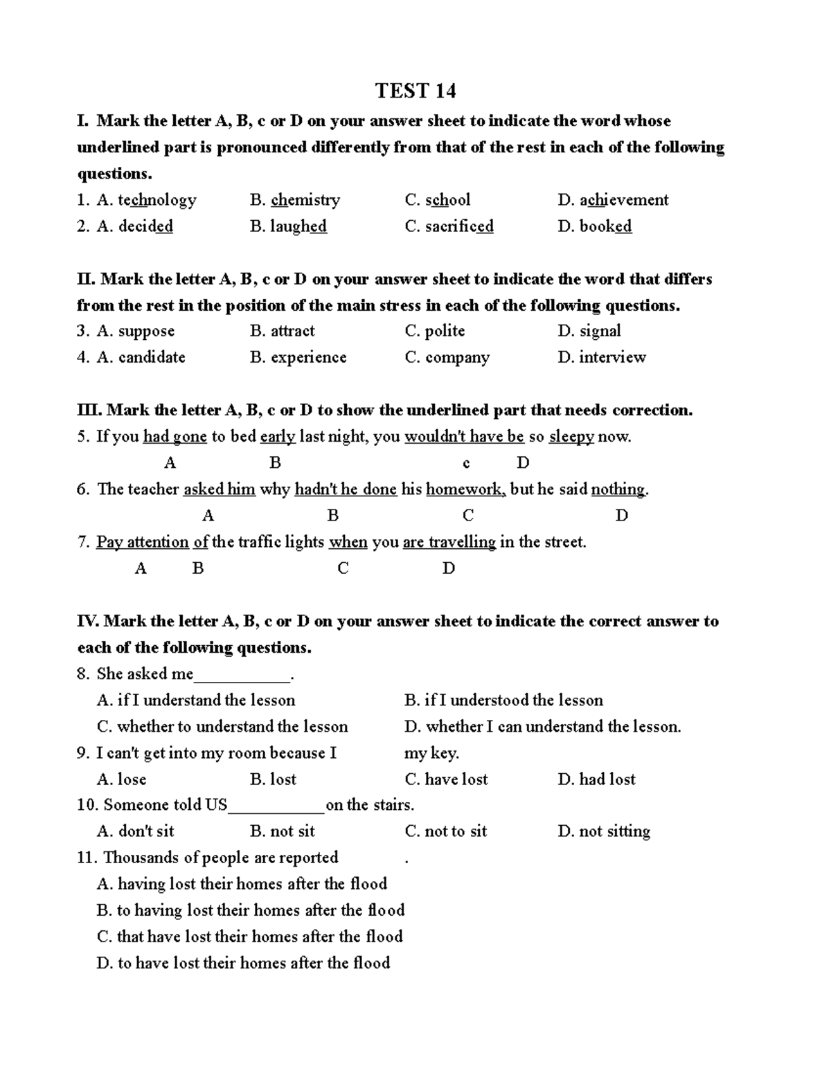 Test 14 - DE ON THI VAO LOP 10: Pronunciation & Grammar Questions - Studocu