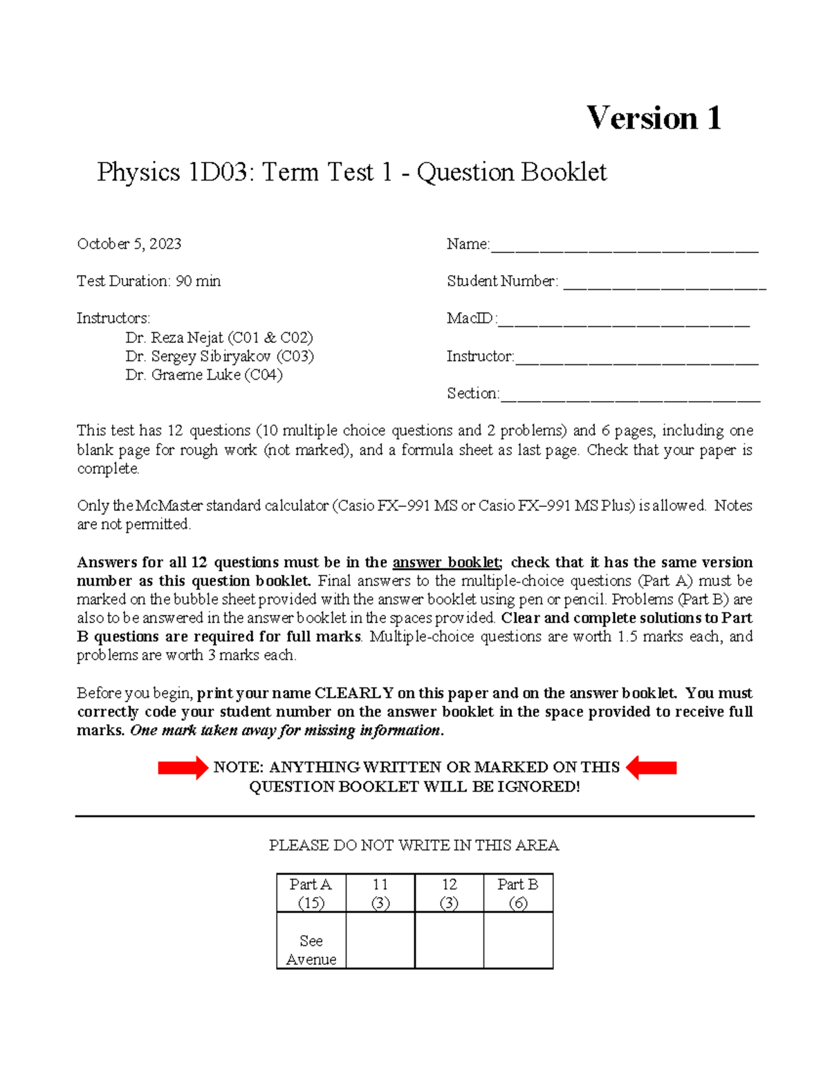 Physics 1D03: Term Test 1 Question Booklet - Oct 5, 2023 - Studocu