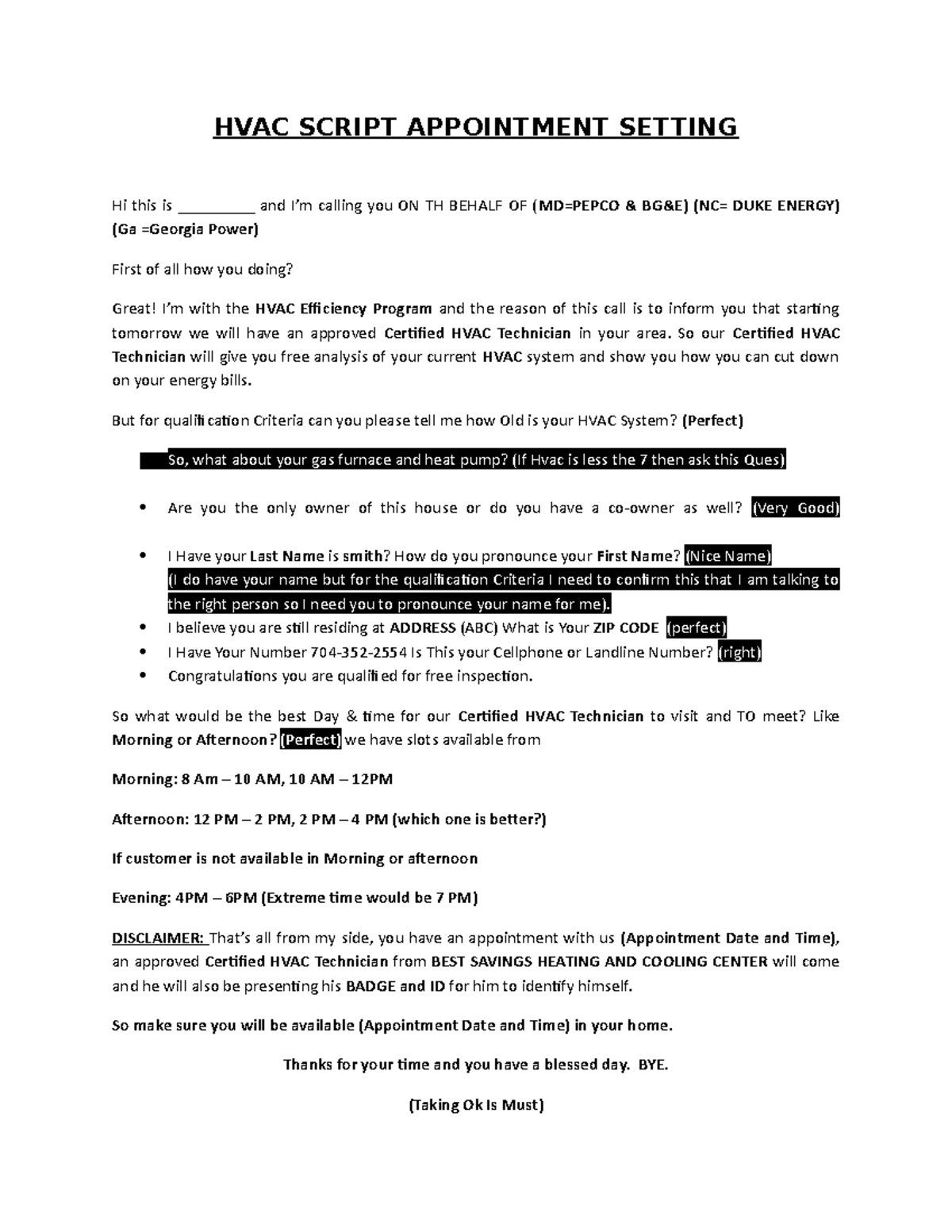 HVAC Final Script - dddd - HVAC SCRIPT APPOINTMENT SETTING Hi this is ...