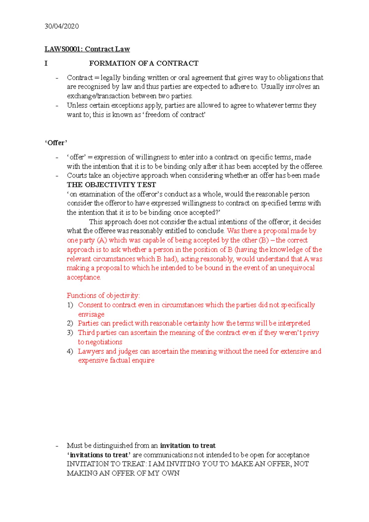 LAWS0001: Final Exam Notes on Contract Law Formation & Offers - Studocu