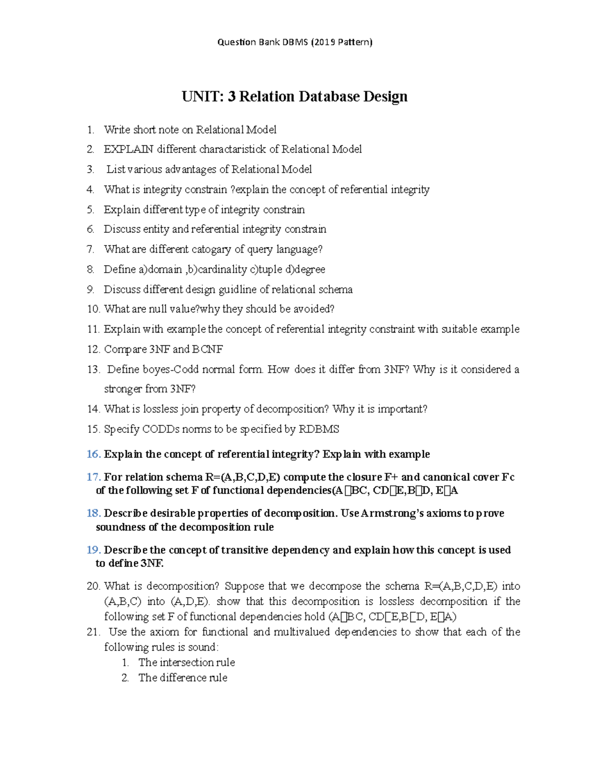 Question bank of DBMS - Question Bank DBMS (2019 Pattern) UNIT: 3 ...