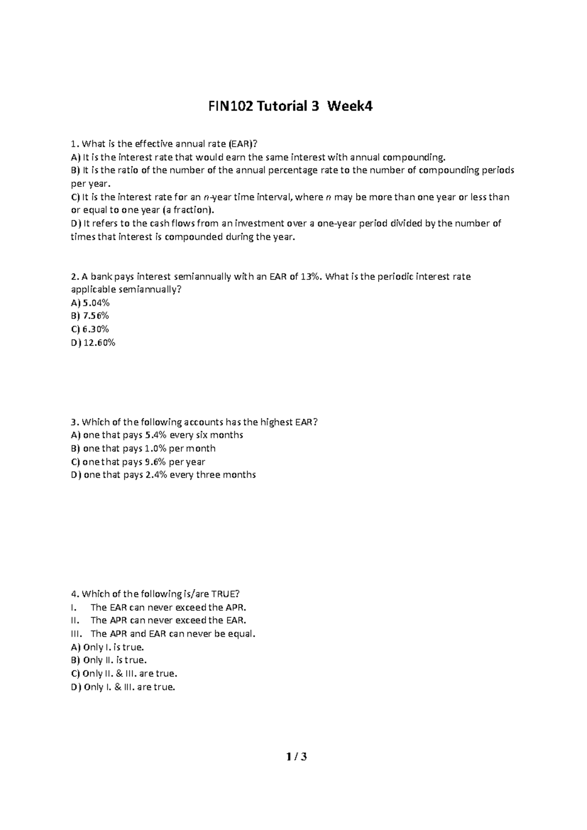 FIN102 Tutorial 3 W4 Financial Math Exam Review and Practice Questions ...