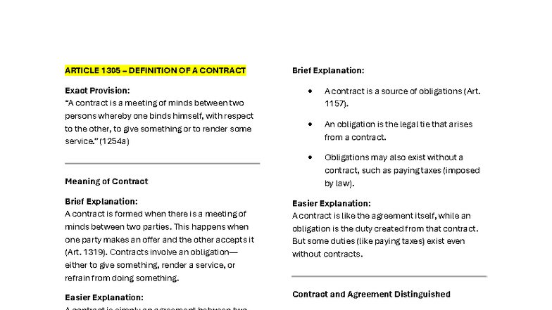 Article 1305-1346: Understanding Contracts and Obligations - Studocu