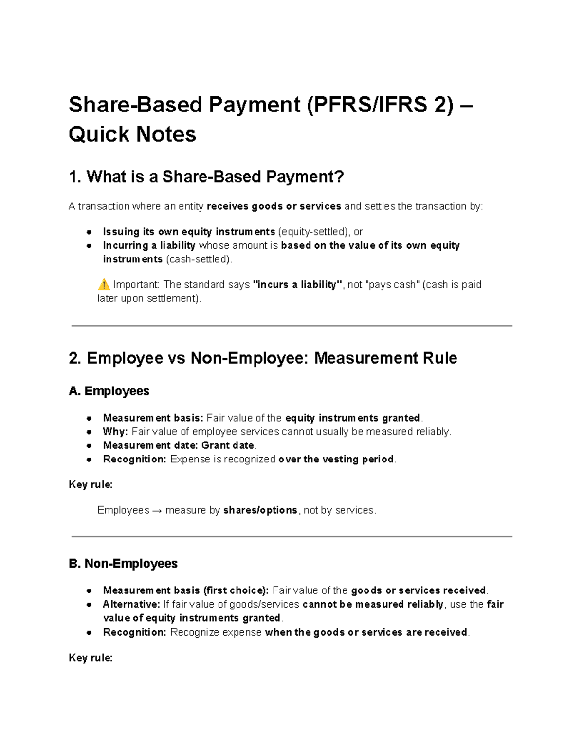 Share Based Payments (Course Code: SBP101) - Quick Study Notes - Studocu