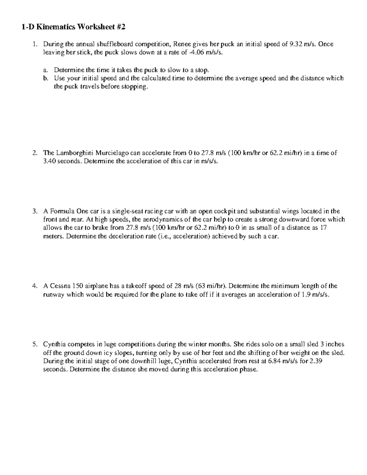 1-D Kinematics Worksheet #2: Problems on Acceleration &amp; Deceleration ...