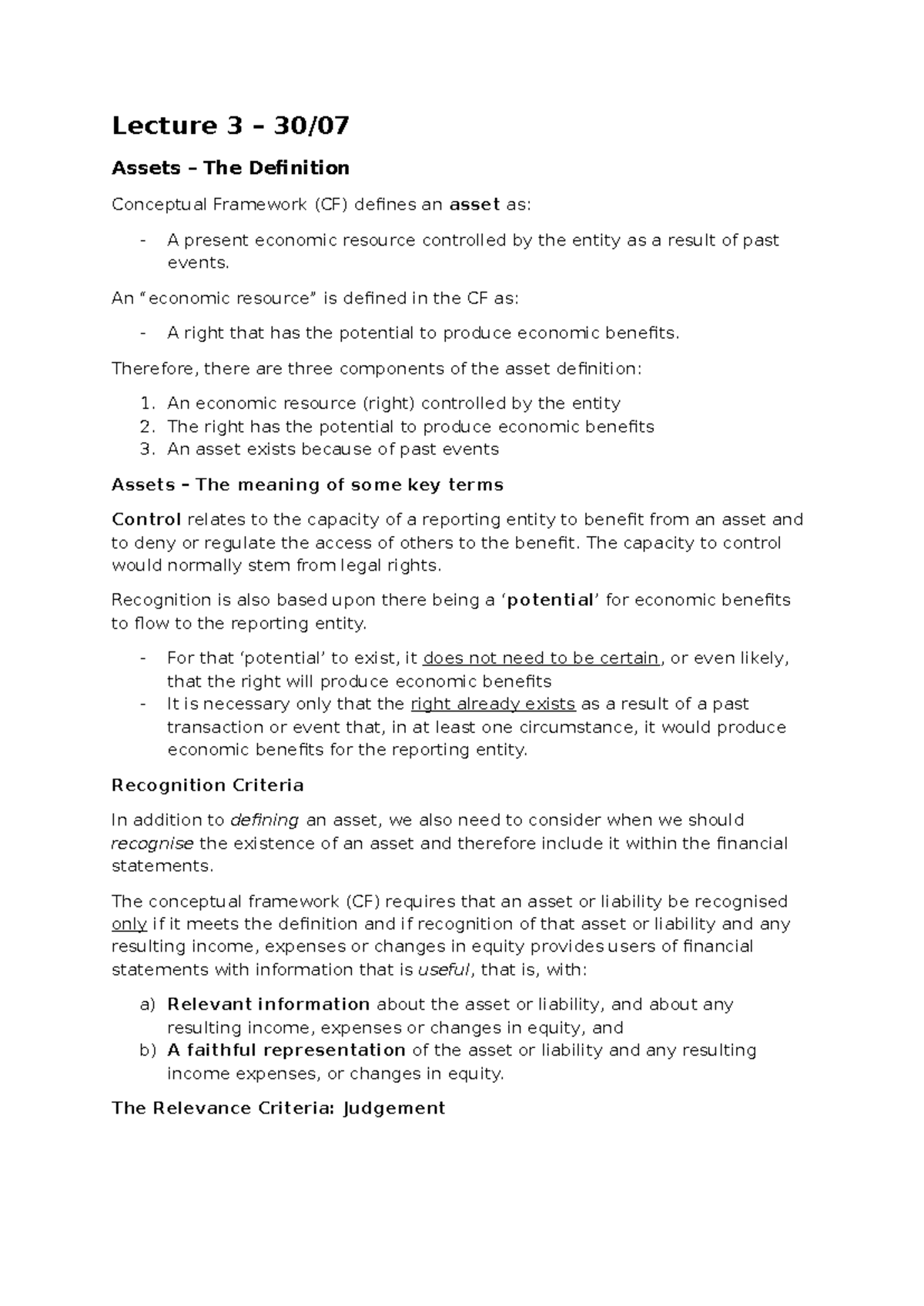 ACCT211 Lecture 3: Understanding Assets and Recognition Criteria - Studocu