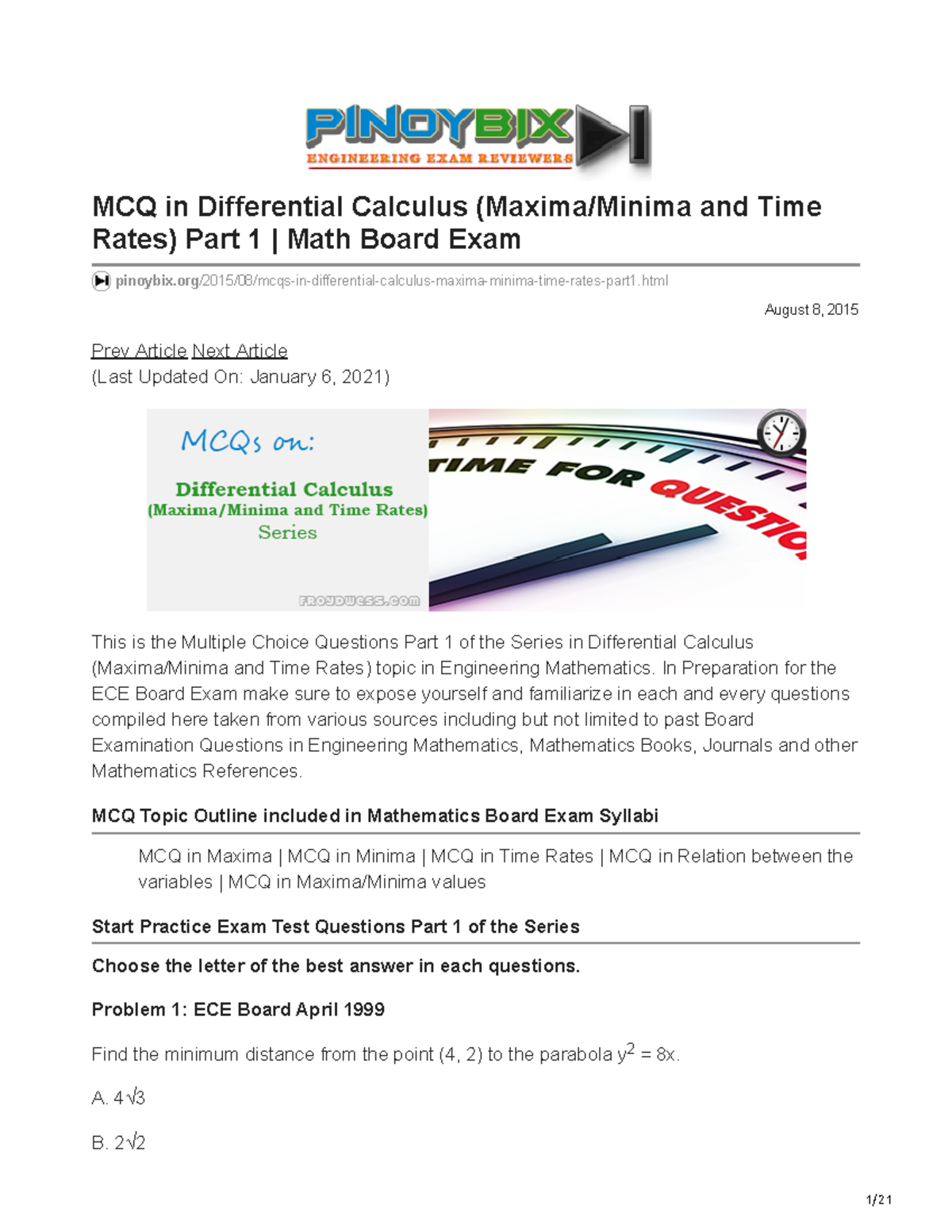 MCQs in Differential Calculus (Maxima/Minima & Time Rates) Part 1 - ECE ...
