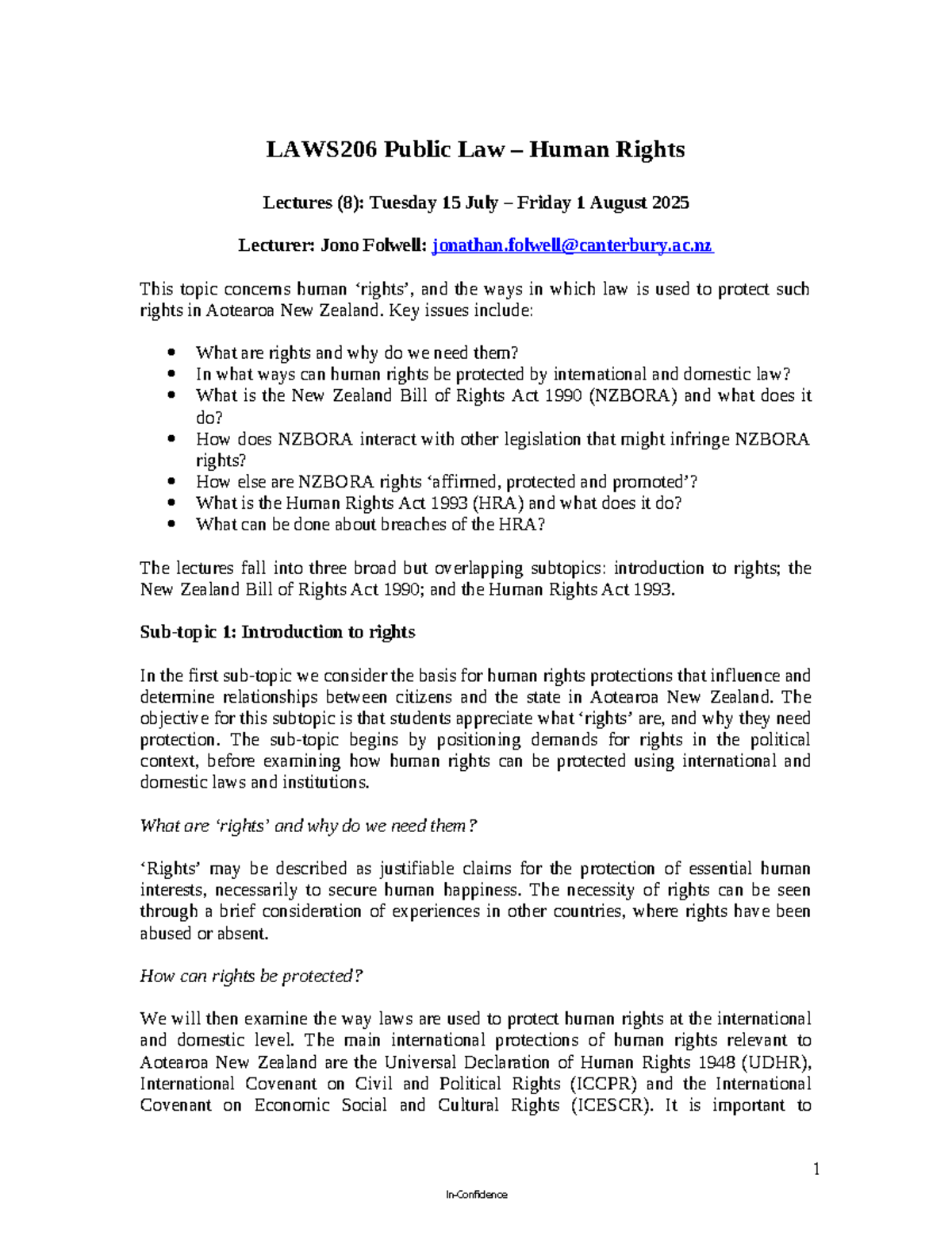 LAWS206 Public Law: Human Rights Lectures Outline (2025) - Studocu