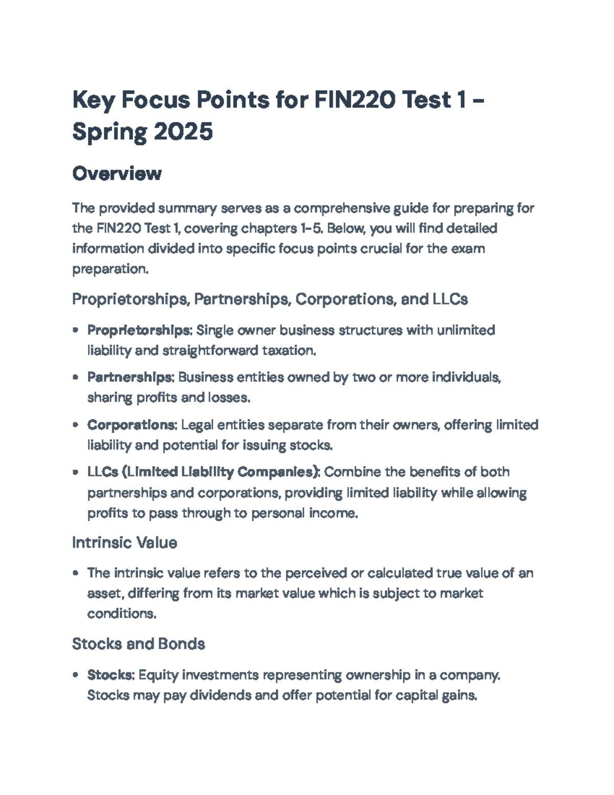 Key Focus Points for FIN220 Test 1 Study Guide - Spring 2025 - Studocu
