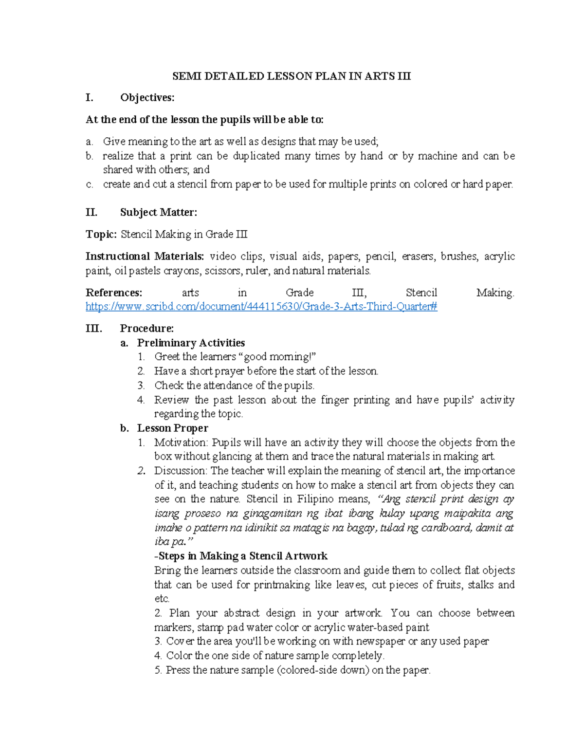 SEMI DLP-in-ARTS III: Stencil Making Lesson Plan for Grade 3 - Studocu