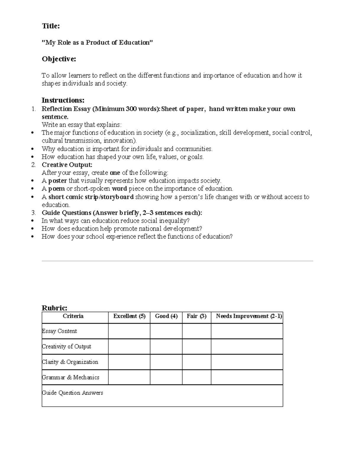 Reflection Essay on the Functions of Education in Society - Studocu