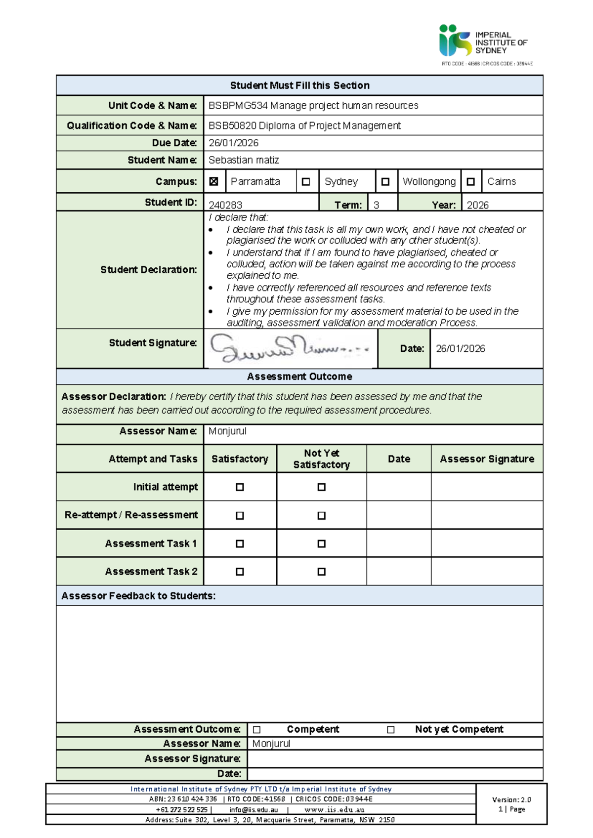 BSBPMG534 Manage Project Human Resources Assessment Tasks V2.0 - Studocu