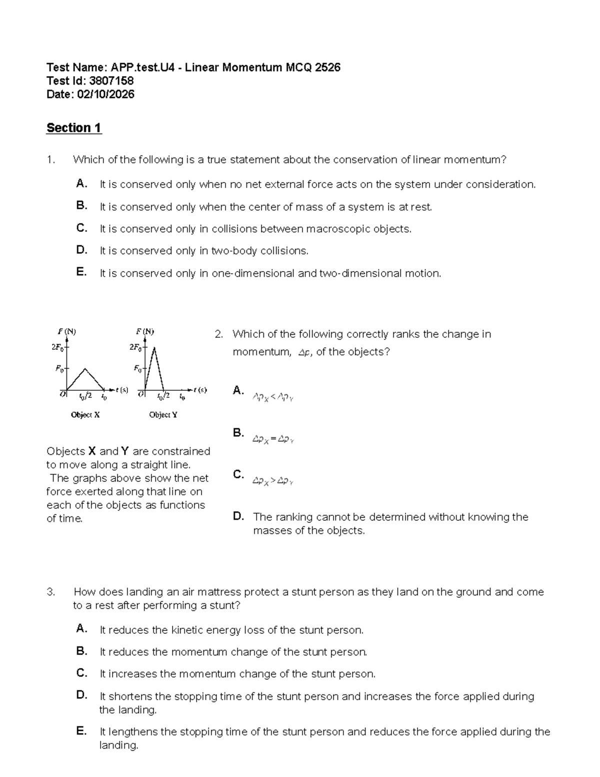 APP U4 Linear Momentum MCQ Test 2526 - Study Notes - Studocu