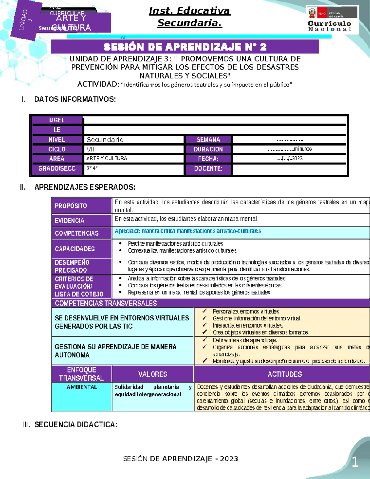 3° 4° SESIÓN DE APRENDIZAJE 2 - ARTE Y CULTURA - UNID AD 3 - Studocu