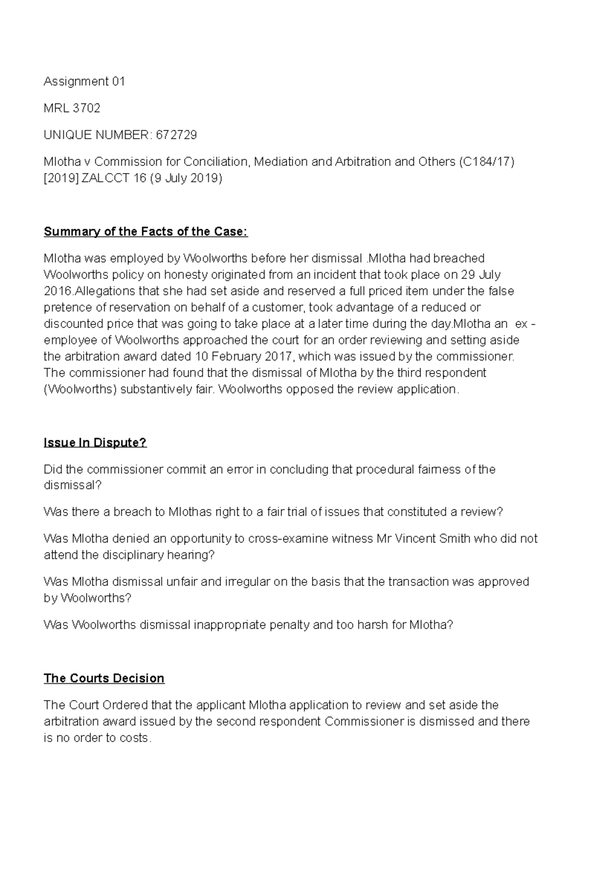 Assignment 01 MRL3702 Labour law in detail - Assignment 01 MRL 3702 ...