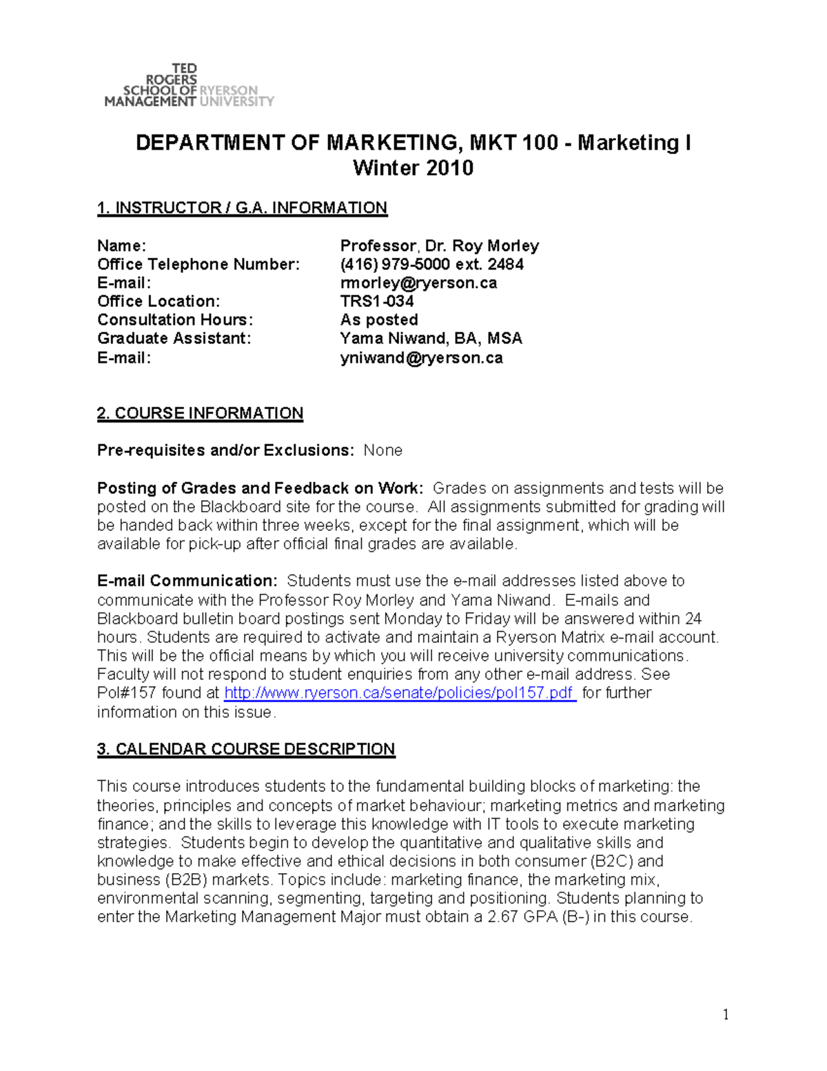 Marketing I Course Outline - MKT 100 - Winter 2010 - Studocu