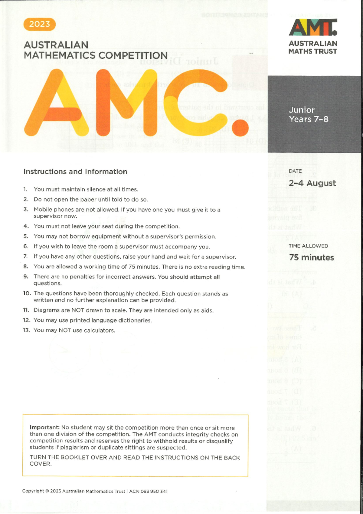2023 AMC - Australian Mathematics Competition Junior Instructions ...