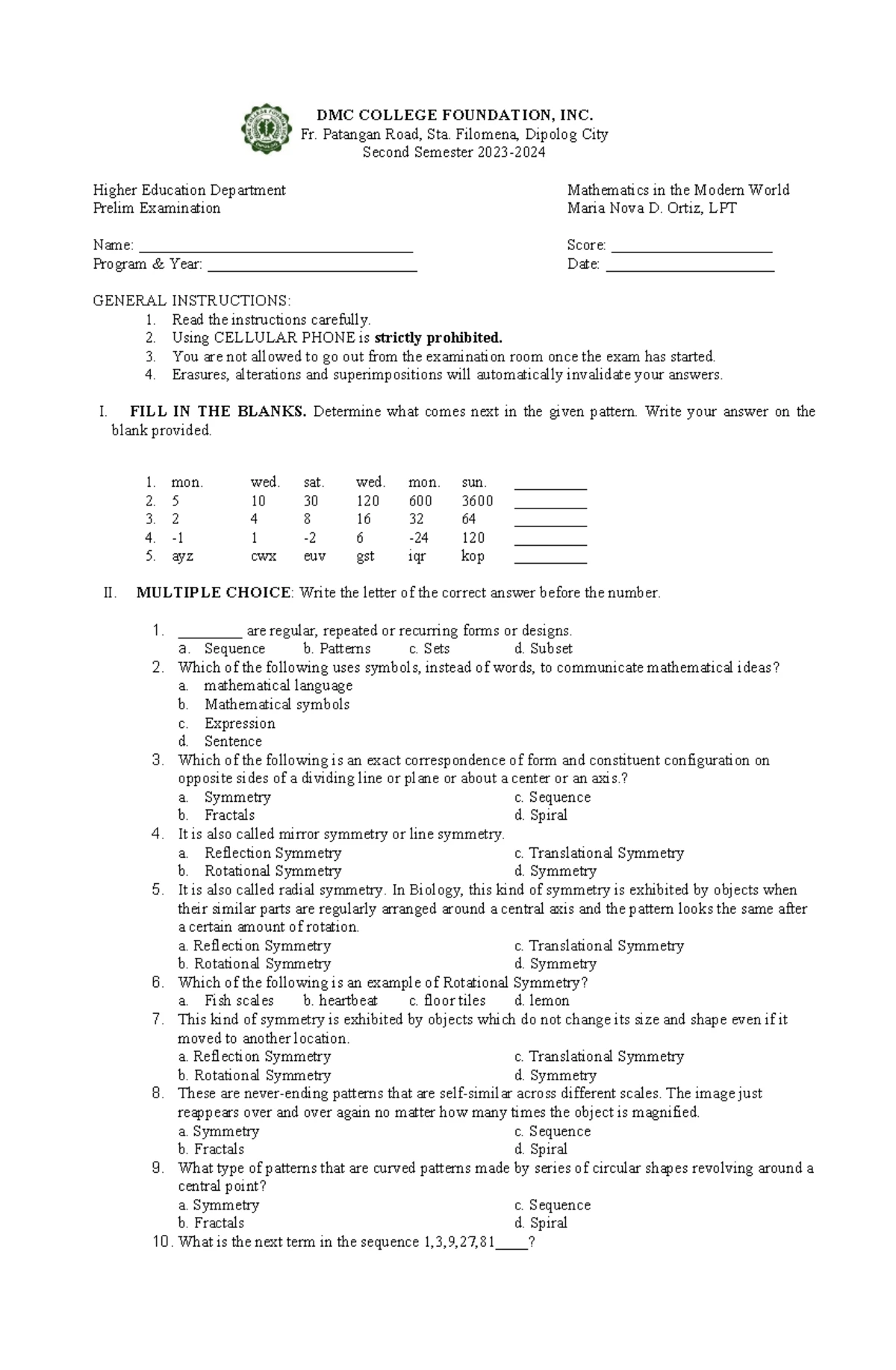 MMW - Module 3 - Lecture in mmw - SECTION I. THE NATURE OF MATHEMATICS ...