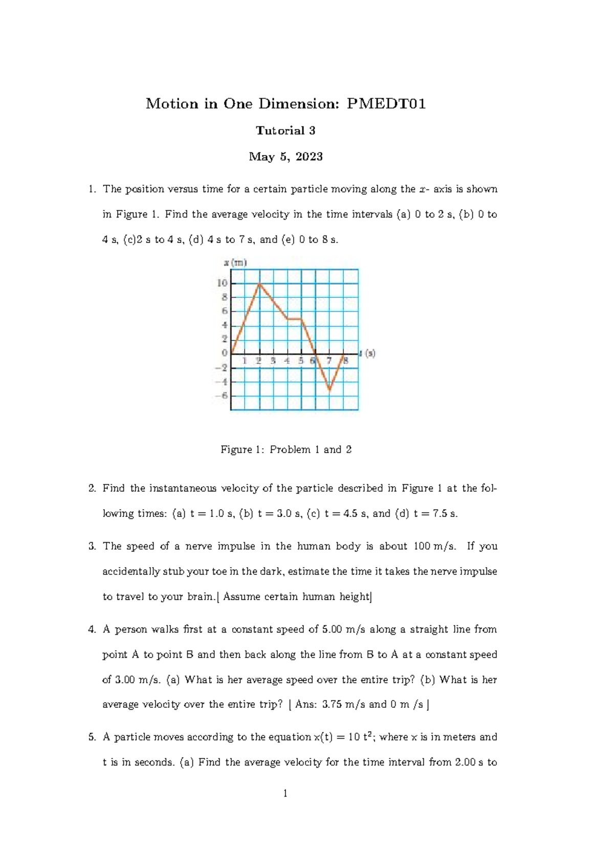 Tutorial 3 Motion in One Dimension 2023 April - Motion in One Dimension ...