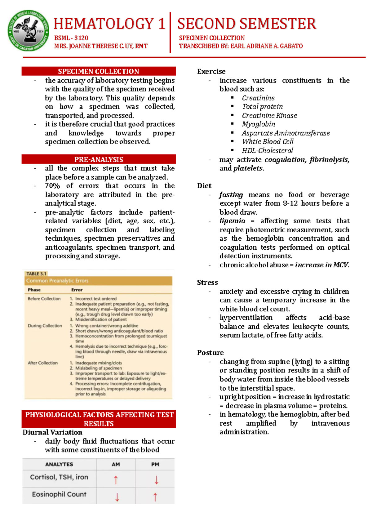 HEMATOLOGY 1 BSML 3120: Specimen Collection Guidelines and Best ...