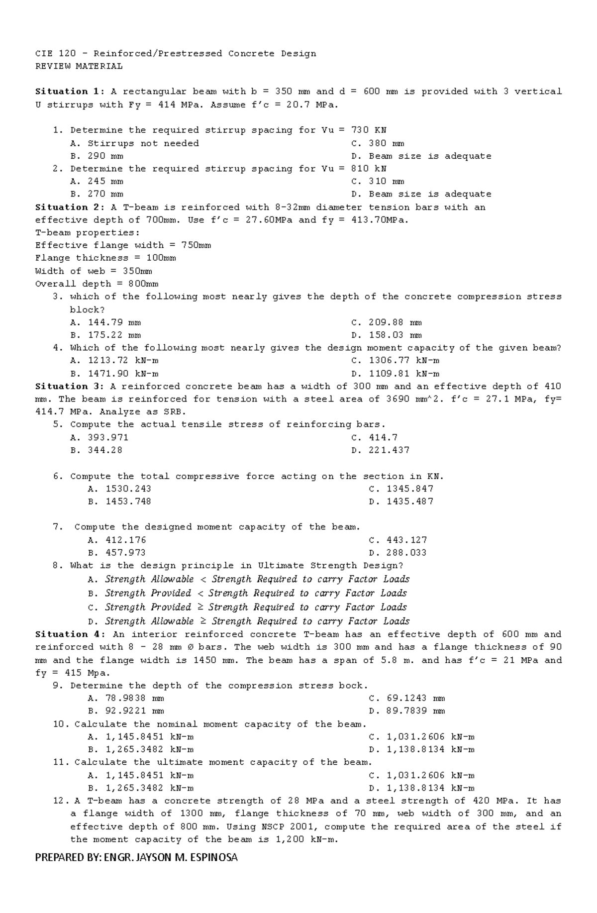 CIE 120 Concrete Design Final Exam Review Material - Document Preview